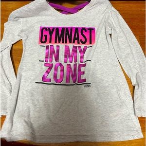 Justice girls, gymnastics, long sleeve graphic tee shirt. Gray and pink size 8.